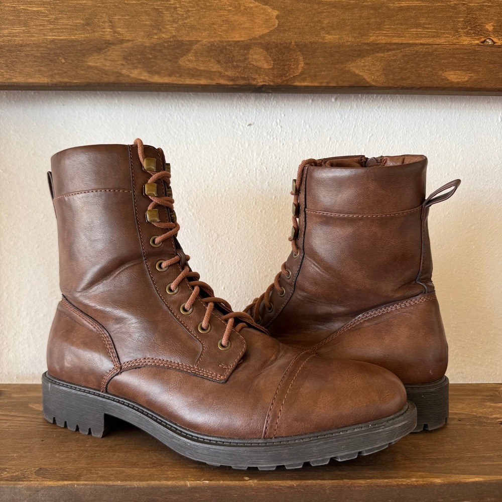 Frye & Co Kane Mens 11M Brown Combat Boots Cap Toe Lace Up Side Zip
